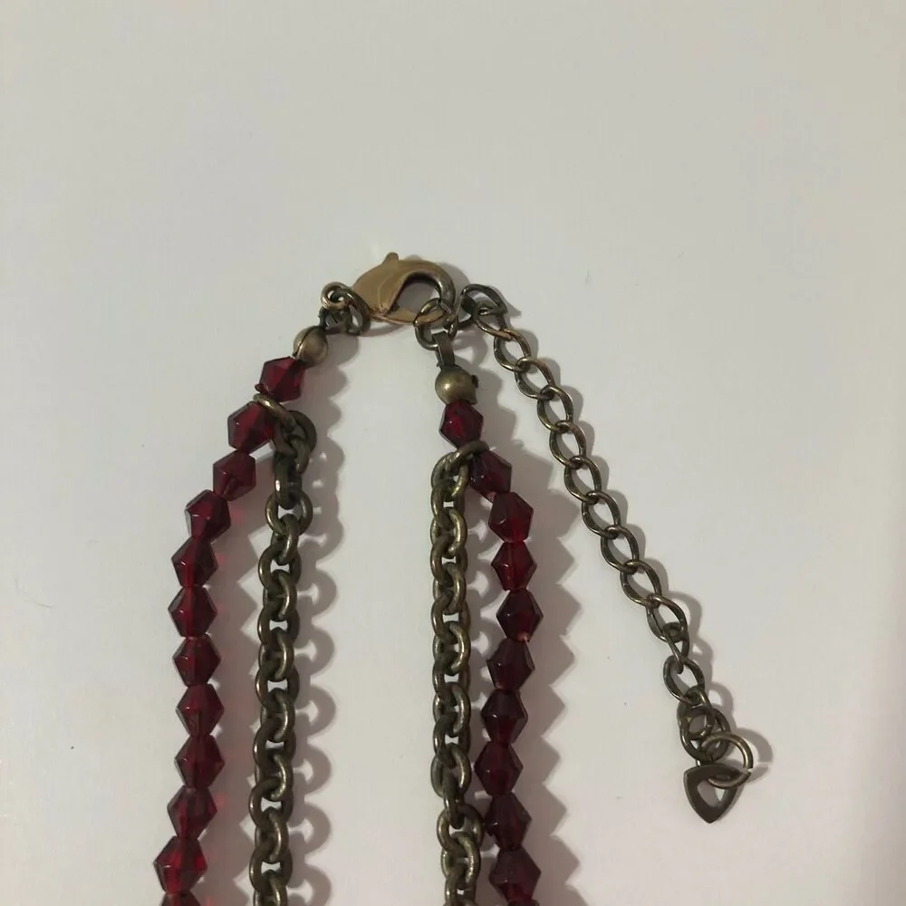 Maroon Mint Amber Bronze Tone Layered Chain Beaded Round Oval Pendant Necklace